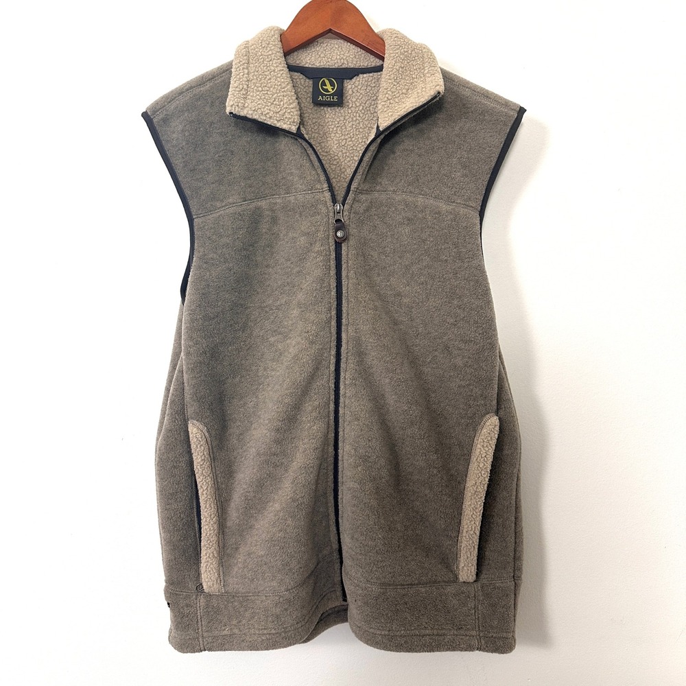 Aigle Sherpa Fleece Vest‎ Gray Full Zip Polartec Gorpcore Outdoor Mens Large